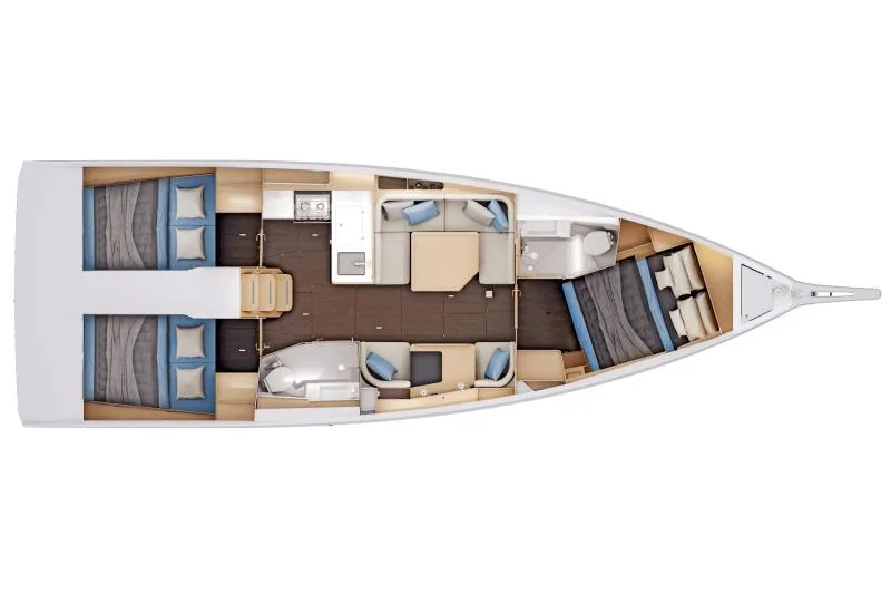 Slide: The Image of Manufacturer Provided Image: 2025 Jeanneau Sun Odyssey 415 interior layout with cabins, kitchen, and seating area. - 6