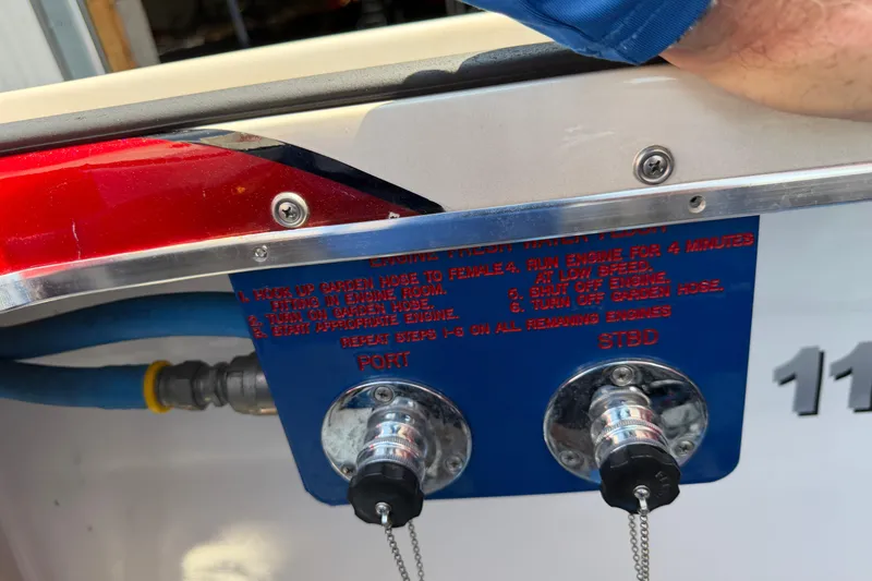 Slide: The Image of Control panel on a 2003 Cigarette 36' Gladiator boat with engine instructions. - 38