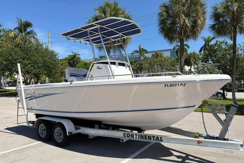 The Image of 2016 Pro-Line 20 Sport boat on trailer, parked under palm trees. - 1