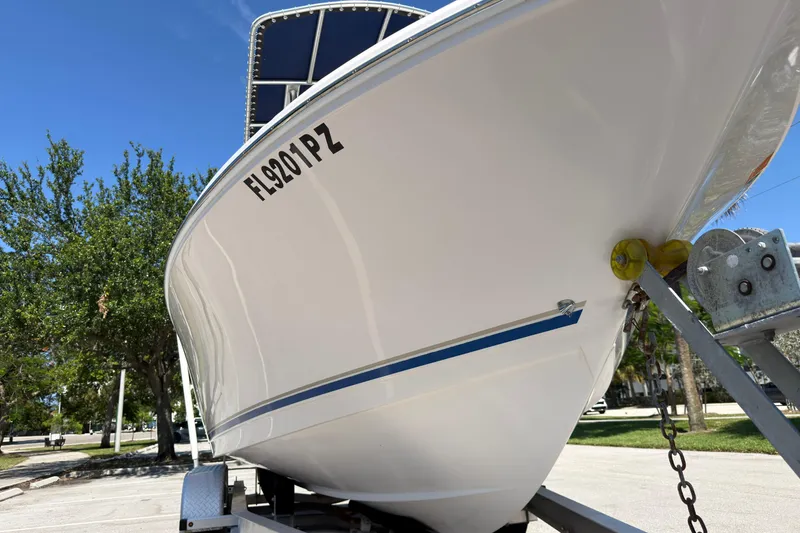Slide: The Image of 2016 Pro-Line 20 Sport boat on trailer, sunny day, trees in background. - 9
