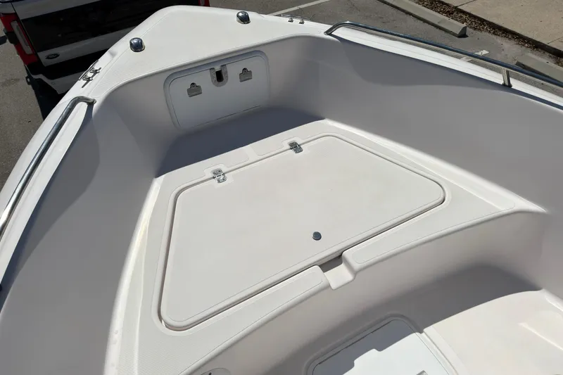 Slide: The Image of 2016 Pro-Line 20 Sport boat interior with storage compartment and railing. - 18