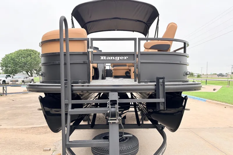 Slide: The Image of 2026 Ranger 223FC pontoon boat, rear view, showcasing seating and sleek design. - 3