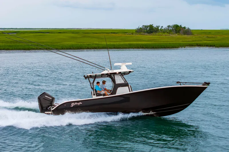 Slide: The Image of A black boat speeds through the water with two people on board, green landscape in the background. - 7
