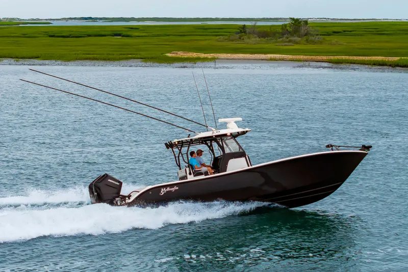 The Image of A black boat speeds across the water, with two people on board and three fishing rods. - 4