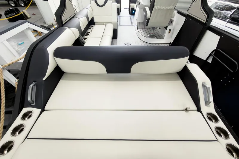 Slide: The Image of Luxurious interior of 2025 Montara Surf Boss 2.0 SL 25' boat with plush seating. - 17