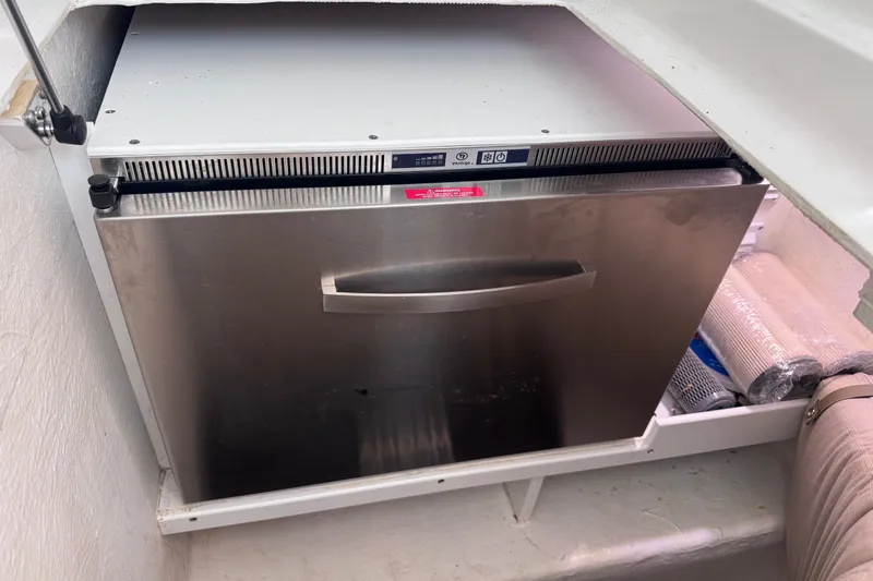 Slide: The Image of Stainless steel drawer in a 2018 Back Cove 37 boat interior storage area. - 22