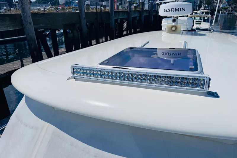 Slide: The Image of 2018 Back Cove 37 boat with Garmin radar and LED light bar on deck. - 52