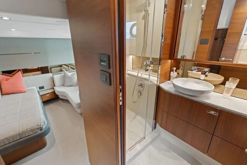 Slide: The Image of Luxurious 2020 Princess S62 yacht interior with modern bathroom and cozy bedroom. - 58