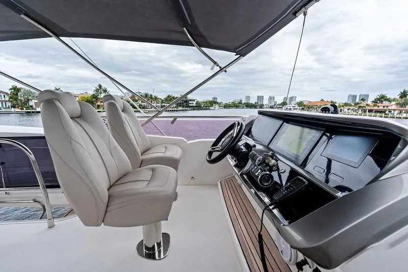 Slide: The Image of Luxurious 2020 Princess S62 yacht helm with modern controls and plush seating. - 23