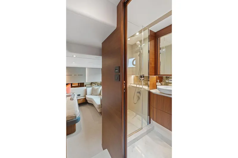 Slide: The Image of Luxurious interior of 2020 Princess S62 yacht featuring modern bathroom and cozy cabin. - 64