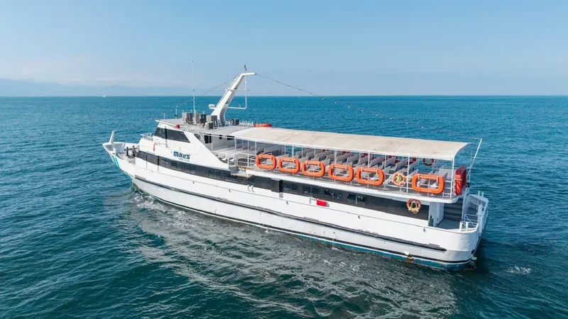 The Image of A white passenger ferry with two decks sails on calm, blue water. Lifebuoys are visible. - 0