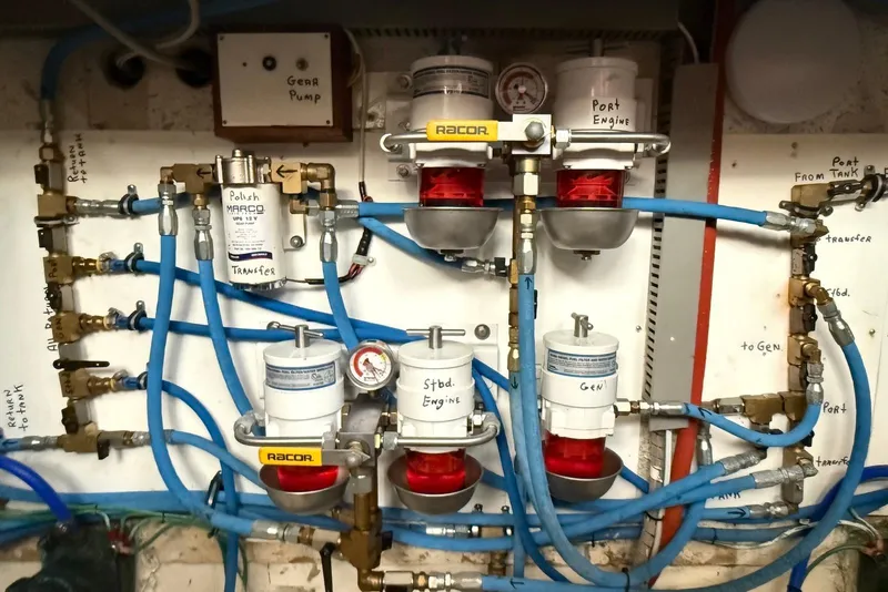 Slide: The Image of Engine room fuel system of 1985 DeFever 40 Offshore Cruiser with Racor filters. - 49