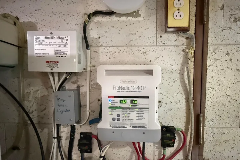 Slide: The Image of Electrical panel with ProNautic 12-40P charger on 1985 DeFever 40 Offshore Cruiser. - 52