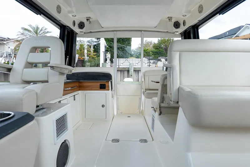 Slide: The Image of Luxurious interior of 2024 Boston Whaler 405 Conquest boat with plush seating and modern design. - 38
