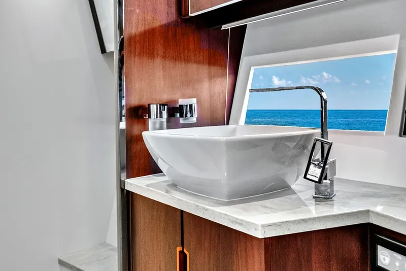 Slide: The Image of Luxurious bathroom interior of 2017 Galeon 560 Sky yacht with ocean view. - 29