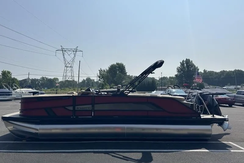 Slide: The Image of 2026 Evotti 723QL pontoon boat in parking lot, side view, sunny day. - 25