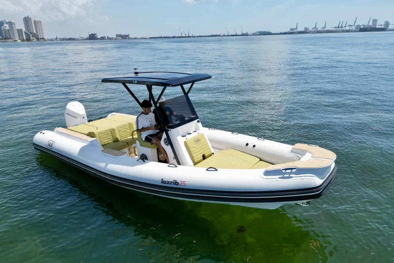 Slide: The Image of 2027 Aqvaboats Luxrib 25 cruising on calm waters near a city skyline. - 0