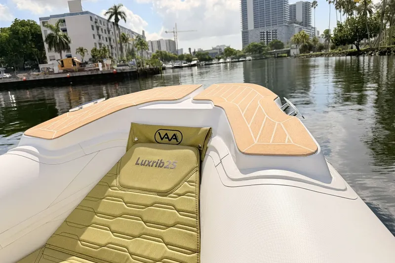 Slide: The Image of Aqvaboats Luxrib 25, 2027 model, cruising on a scenic urban waterway. - 8