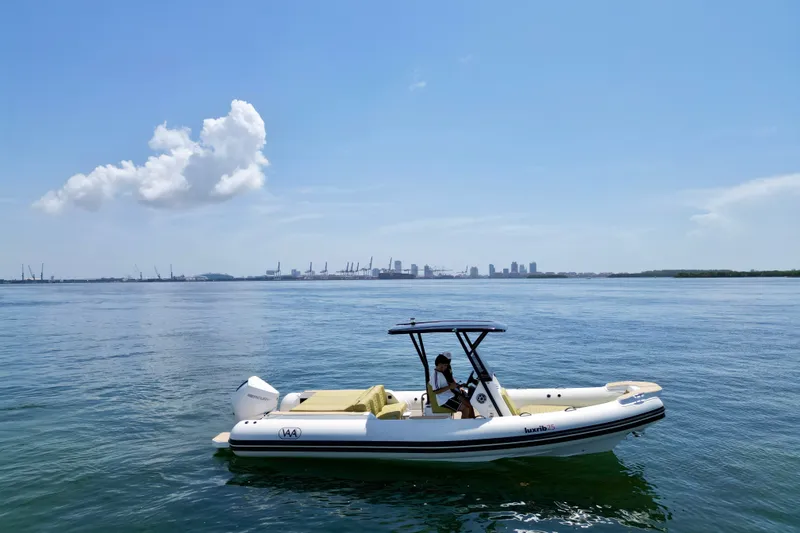 The Image of Aqvaboats Luxrib 25 cruising on calm waters with city skyline in the background, 2027 model. - 2
