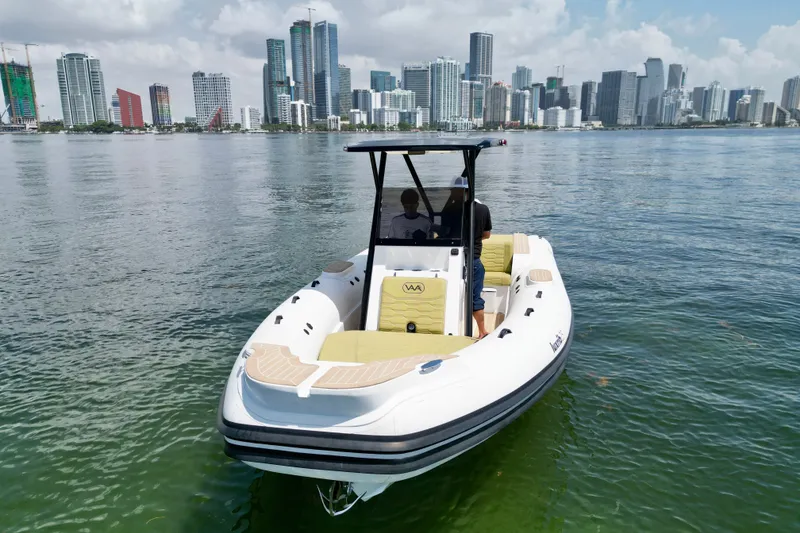 Slide: The Image of Aqvaboats Luxrib 25 (2027) on water with city skyline in background. - 1
