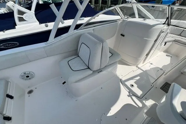 Slide: The Image of 2020 Sea Fox 226 Traveler boat interior with white seating and sleek design. - 6