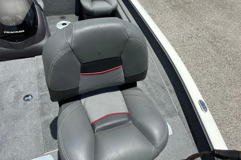 Slide: The Image of 2023 TRACKER MARINE Pro Team 175 TF boat seat, gray with red accents. - 8