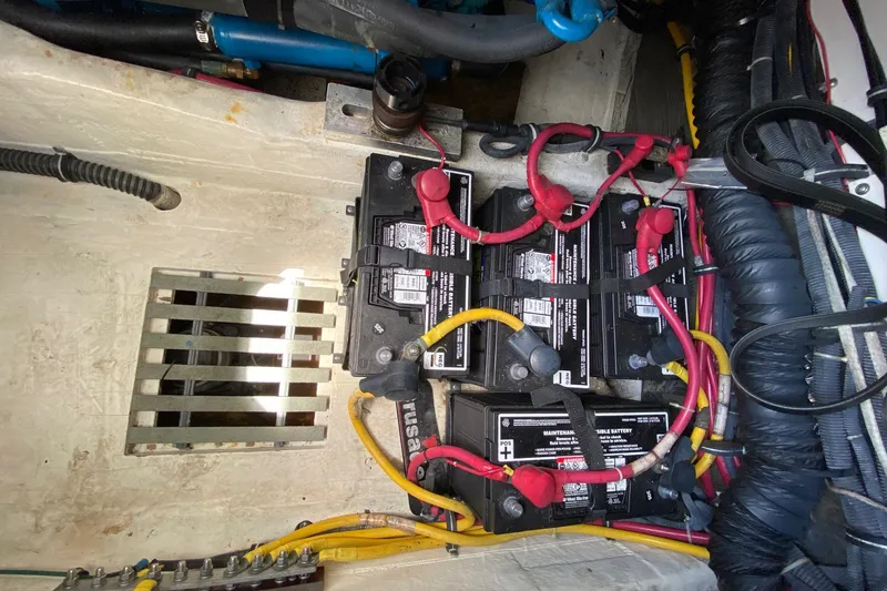 Slide: The Image of Battery compartment of a 2006 Tiara Yachts 2900 Open Classic with wiring connections. - 35