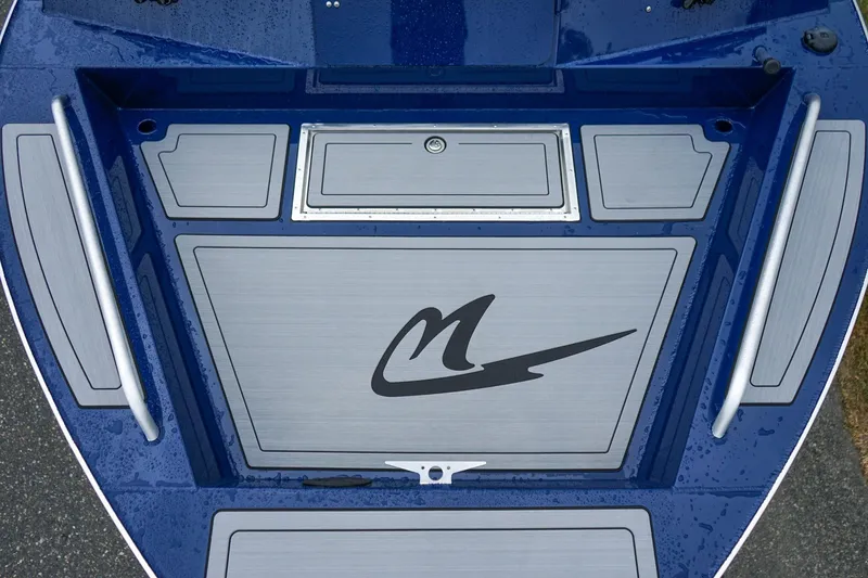 Slide: The Image of 2027 Weldcraft 180 Rebel boat deck with sleek design and logo, featuring blue and gray accents. - 20