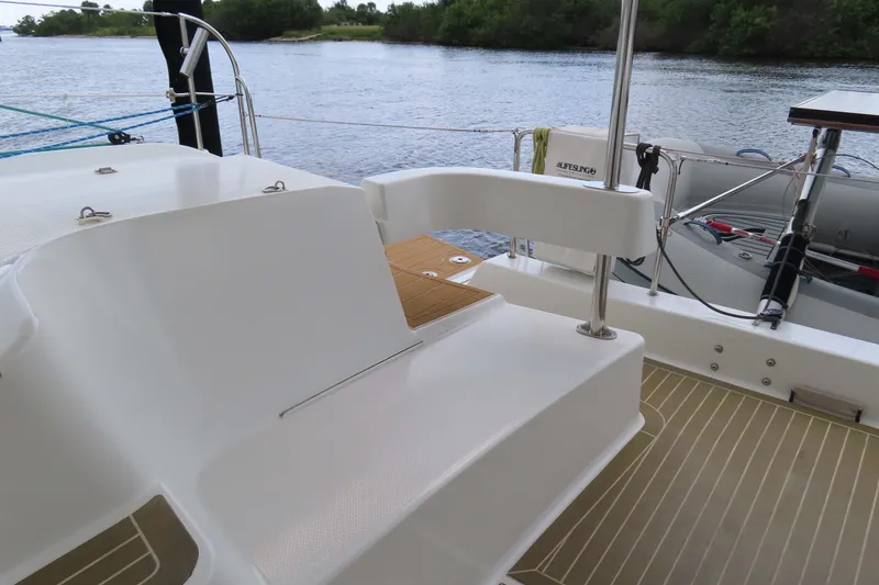 Slide: The Image of Fountaine Pajot Lipari 41 catamaran deck, 2010 model, with scenic water view. - 11