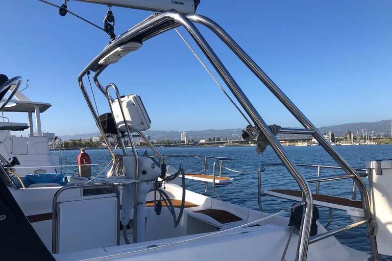 Slide: The Image of Sailboat deck view, Hunter 38 model, 2008, docked in a scenic marina. - 23