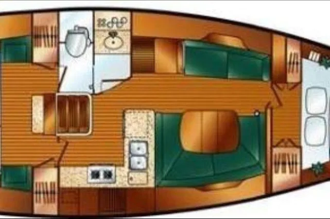 Slide: The Image of Floor plan of a 2008 Hunter 38 sailboat, featuring cabins, kitchen, and bathroom layout. - 1