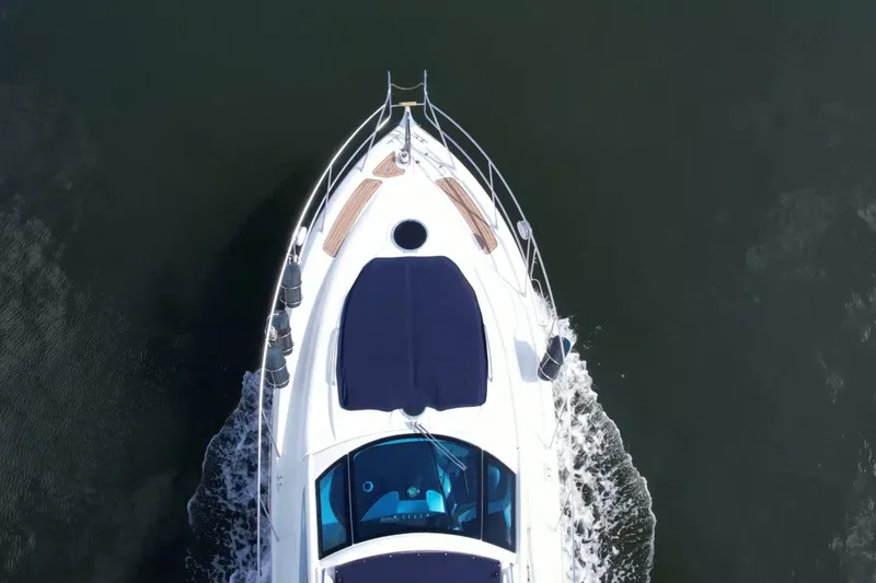 Slide: The Image of Aerial view of 2009 Cranchi Mediterranee 43 yacht cruising on water. - 28
