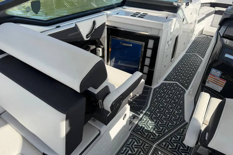 Slide: The Image of Luxurious interior of 2021 Monterey 385SE Super Express boat with stylish seating and flooring. - 26