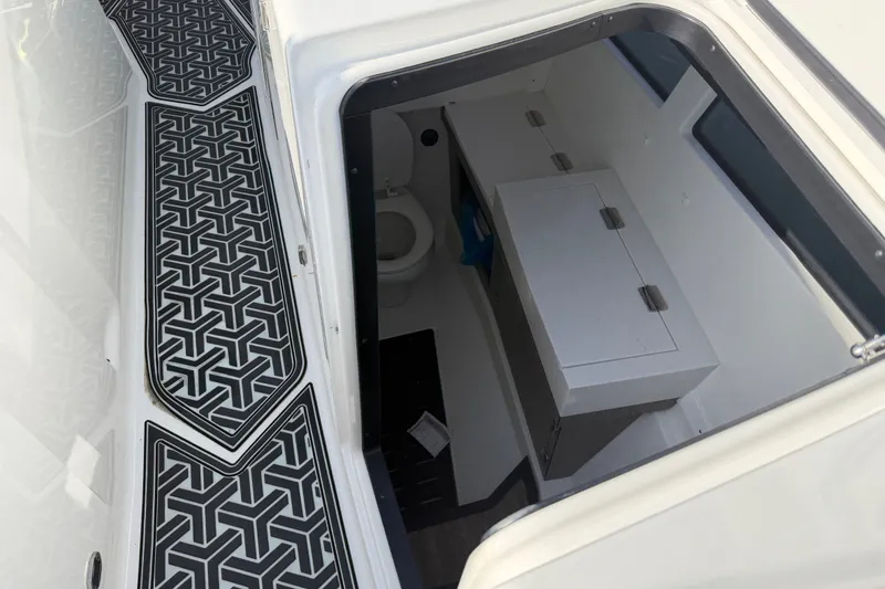 Slide: The Image of Interior view of 2021 Monterey 385SE Super Express boat cabin with modern design. - 34