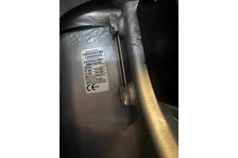 Slide: The Image of Label on a 2021 Monterey 385SE Super Express boat engine, showing model and serial numbers. - 68