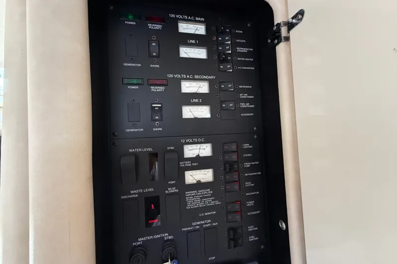 Slide: The Image of Electrical control panel on a 1996 Sea Ray Sundancer 330 boat. - 35