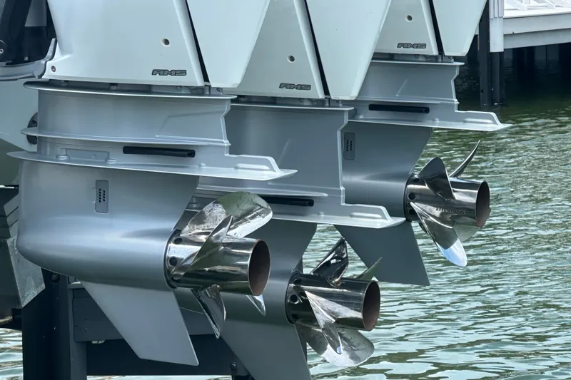 Slide: The Image of Twin outboard motors on a 2026 Yellowfin 39 Offshore boat, featuring sleek propellers. - 7