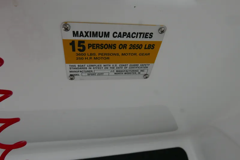 Slide: The Image of Capacity label on JC 23 SunLounger TT boat, 2011 model, for 15 persons or 2650 lbs. - 15