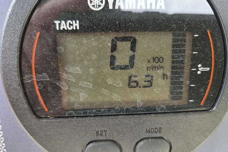 Slide: The Image of Yamaha tachometer display showing 0 RPM and 6.3 hours on a 2025 Scout 175 Sportfish. - 8