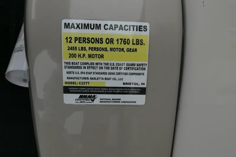 Slide: The Image of 2023 Barletta Cabrio C22UC capacity label, 12 persons or 1760 lbs, 200 HP motor. - 17