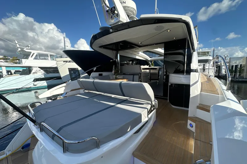 Slide: The Image of 2026 Fairline Targa 47 GT luxury yacht with spacious deck and modern design. - 11