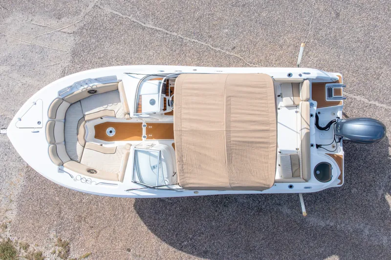 Slide: The Image of Overhead view of 2016 Sea Fox 226 Traveler boat with beige seating and canopy. - 6