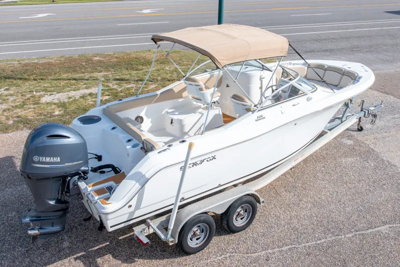 Slide: The Image of 2016 Sea Fox 226 Traveler boat on trailer with Yamaha outboard motor. - 13