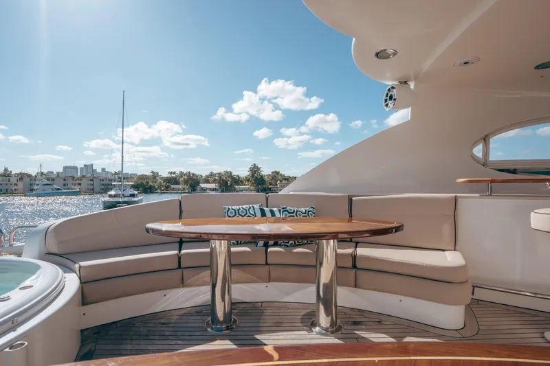 Slide: The Image of Luxurious 2004 Lazzara 106 yacht deck with elegant seating and scenic waterfront view. - 12