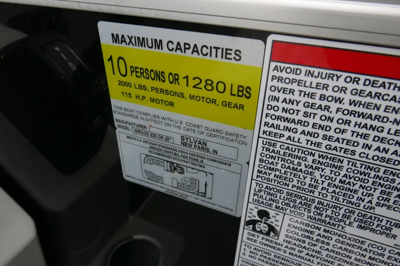 Slide: The Image of Capacity label on 2025 Sylvan Mirage 820 Cruise, 10 persons or 1280 lbs limit. - 14