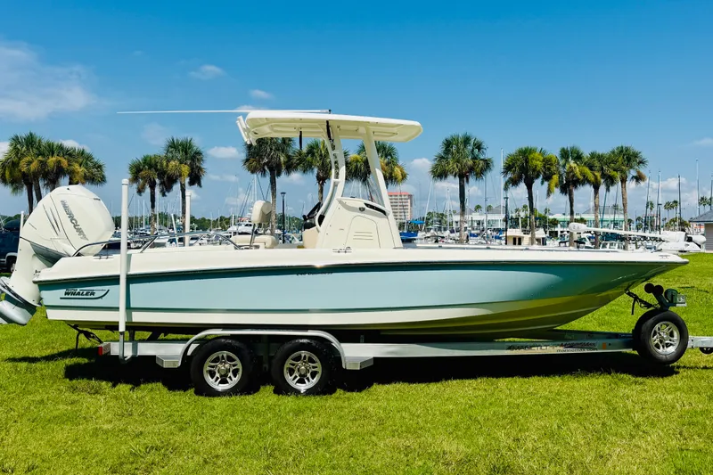 The Image of 2018 Boston Whaler 240 Dauntless boat on trailer, parked on grass with palm trees in background. - 0