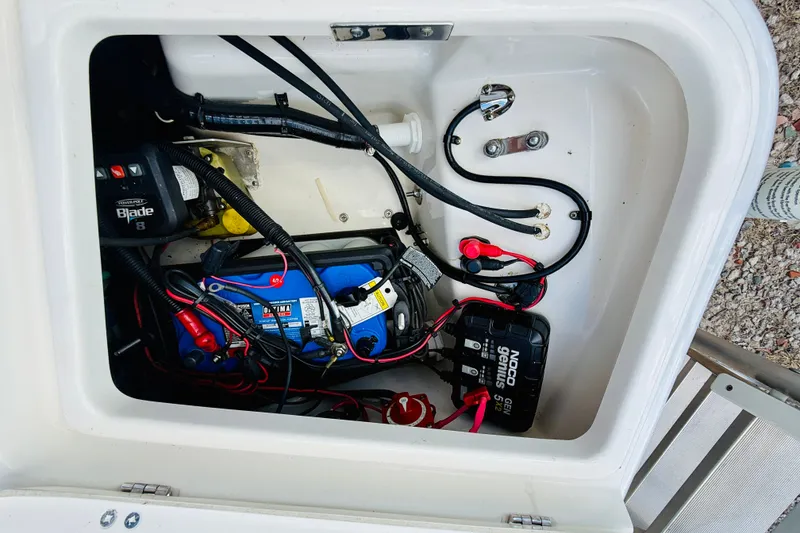 Slide: The Image of 2018 Boston Whaler 240 Dauntless battery compartment with wiring and NOCO Genius charger. - 34