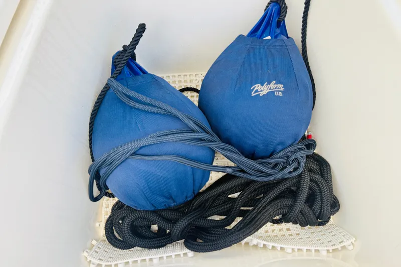 Slide: The Image of Blue boat fenders and ropes in storage on a 2018 Boston Whaler 240 Dauntless. - 30