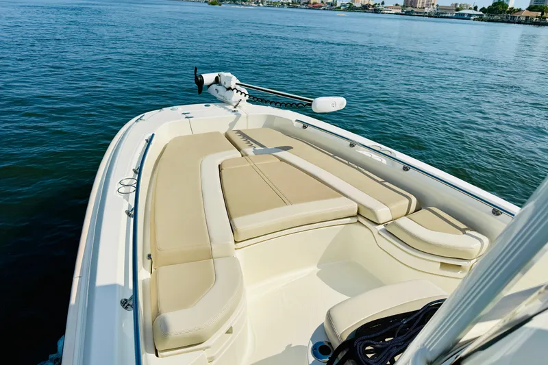 Slide: The Image of 2018 Boston Whaler 240 Dauntless boat with beige seating on calm water. - 10
