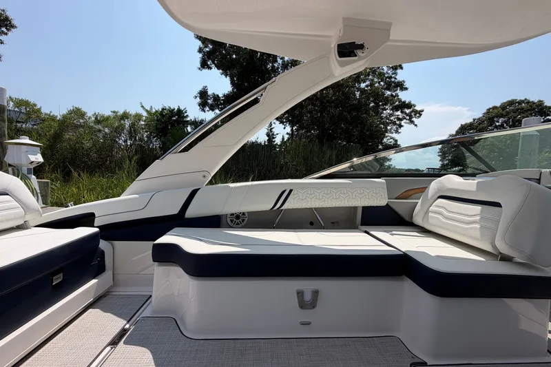 Slide: The Image of Luxurious interior of 2027 Regal LX9 boat with sleek seating and modern design. - 11
